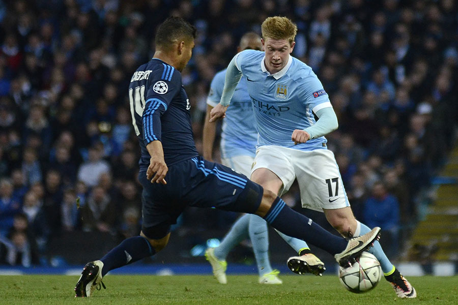 Kevin De Bruyne pictured during UEFA Champions League semi-final game between Manchester City and Real Madrid at Etihad stadium.